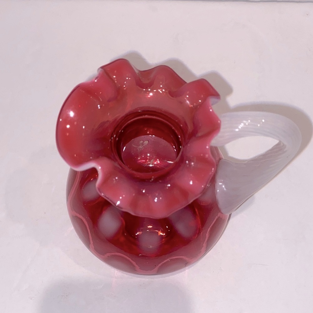 Fenton Cranberry Opalescent Optic Thumbprint Pitcher/Cruet With Applied Handle - Picture 5 of 9